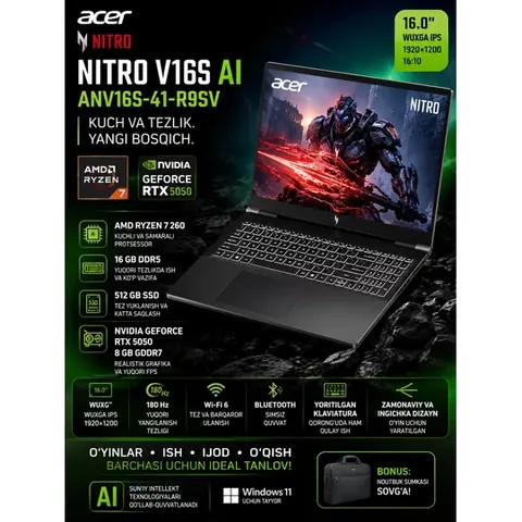 Acer ACER NITRO V 16S AI ANV16S-41-R9SV AMD R7-260 16GB DDR5 512GB 8GB RTX5050 16,0" WUXGA IPS 180Hz KR